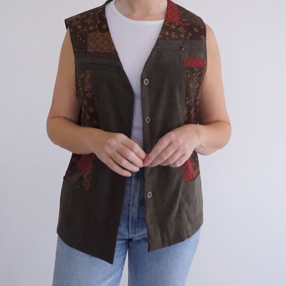 Vintage Lana Lee Canada Olive Green Paisley Patchwork Button Up Vest 16 L - Picture 2 of 9